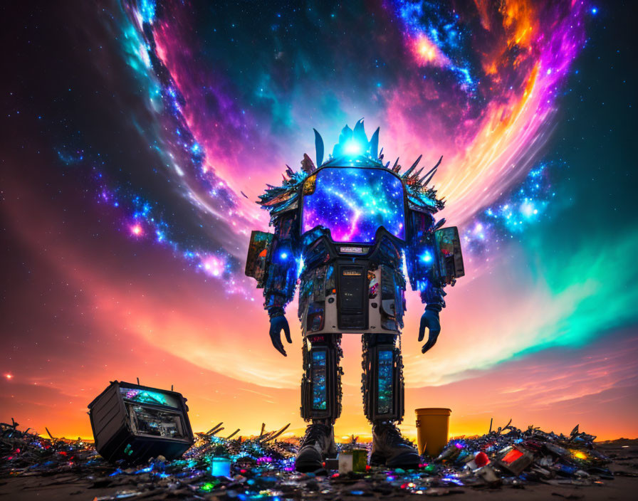 Robot in Trash under Starry Sky with Purple and Blue Cosmic Clouds