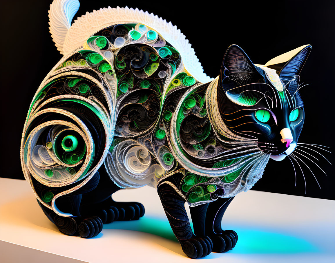 Detailed 3D illustration of black cat with white and green swirls