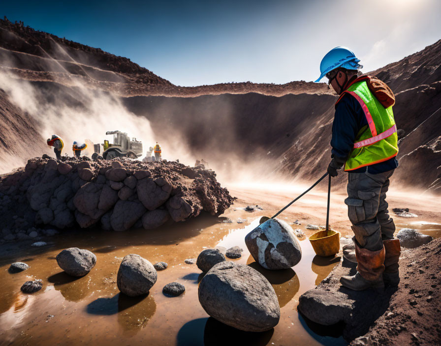 Construction site worker inspects rocks in high-visibility gear