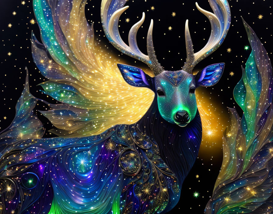 Mythical stag digital illustration with colorful swirling patterns