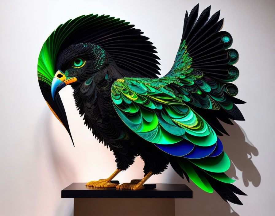 Colorful Paper Bird Sculpture with Iridescent Feathers on Platform