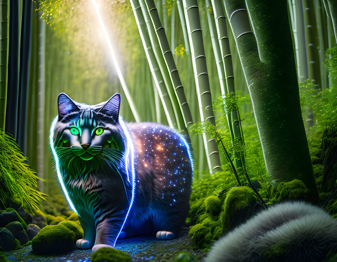 Cosmic cat with starry body and green eyes in mystical bamboo forest