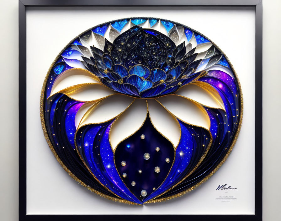 Intricate 3D mandala art with blue and golden patterns and pearls in black frame