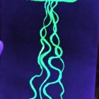 Neon green and blue jellyfish digital art on dark background