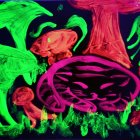 Colorful Neon Artwork: Glowing Mushrooms, Psychedelic Patterns, and Hidden Cat