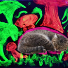 Colorful Psychedelic Cat Artwork with Neon Mushrooms on Dark Background