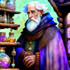 Elderly wizard with long white beard in magical potion shop