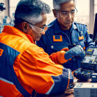 Technicians in Orange and Blue Uniforms Repairing Electronic Equipment