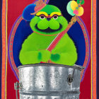 Colorful illustration: Green furry creature in silver pot on floral stained glass.