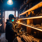 Person in Hat Examining Wooden Pieces in Cozy Woodworking Shop