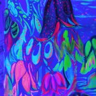 Colorful Abstract Cat Artwork with Swirling Patterns in Blues, Purples, Pink, and