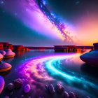 Starry Sky and Bioluminescent River in Mountain Landscape