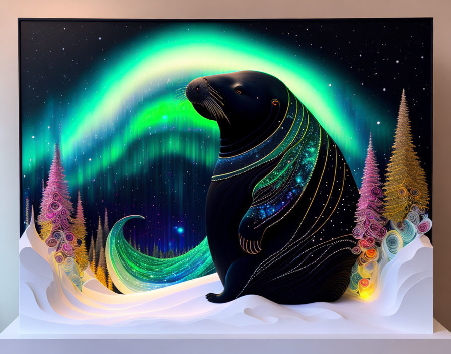 Illustration of a seal under aurora borealis with vibrant swirls and whimsical trees.