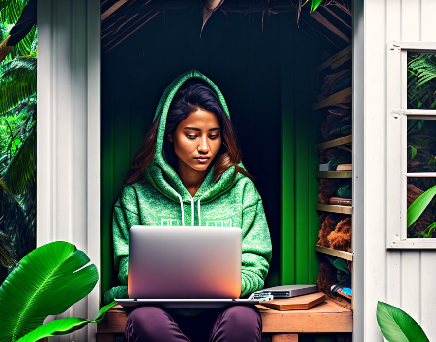 Person in green hoodie using laptop in cozy, plant-filled nook