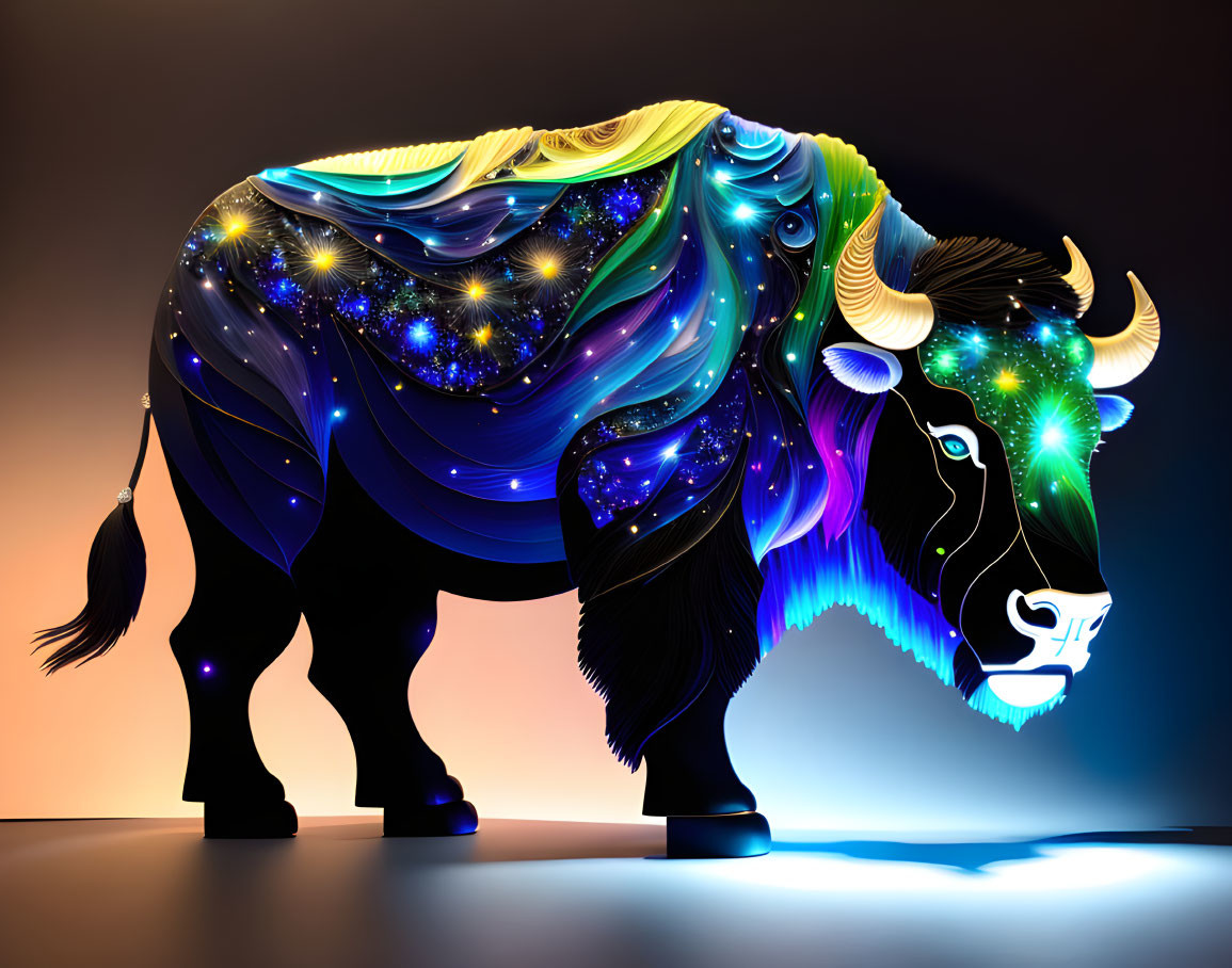 Colorful Bison Illustration with Cosmic Theme on Gradient Background