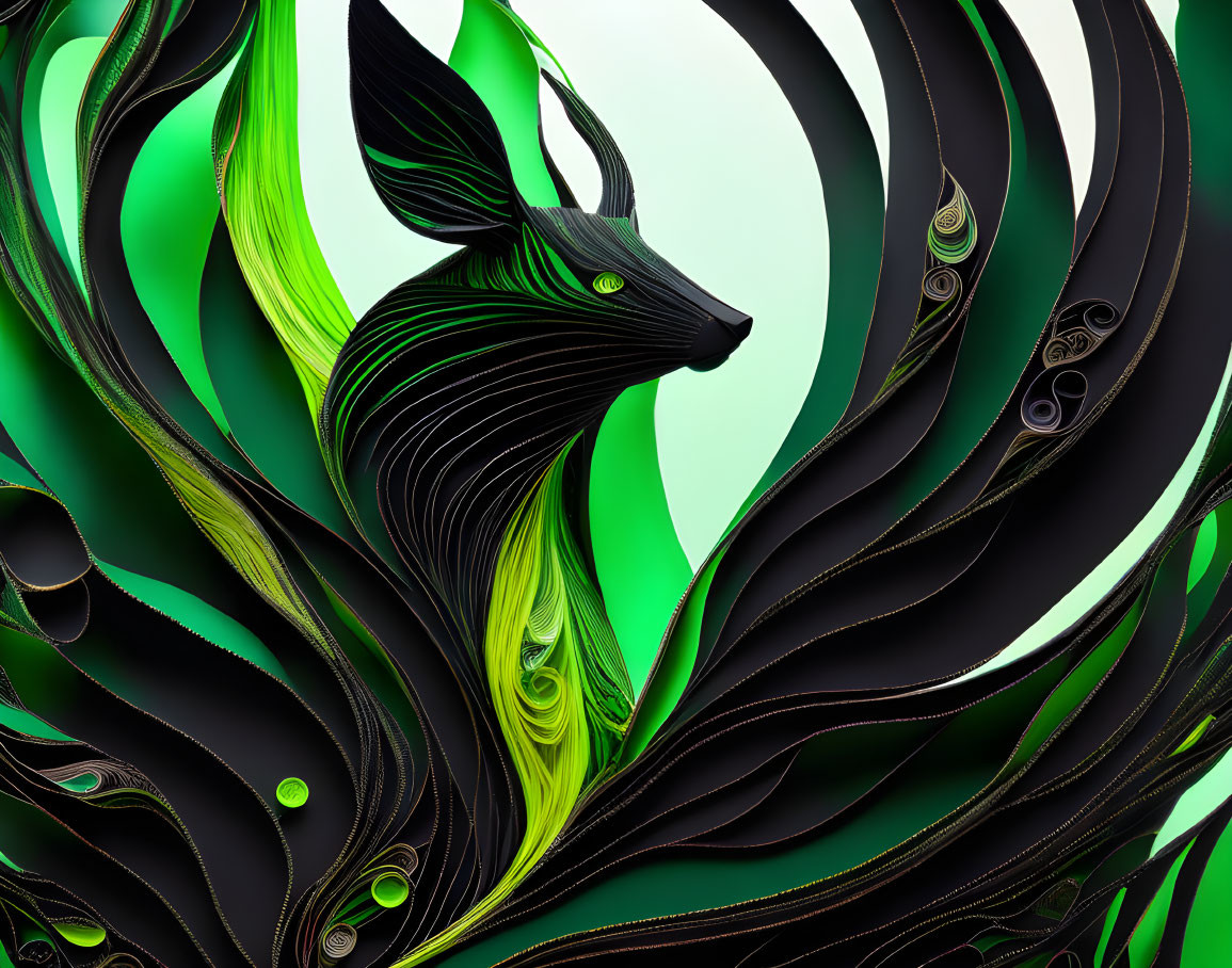 Abstract Green and Black Deer Art with Swirling Patterns