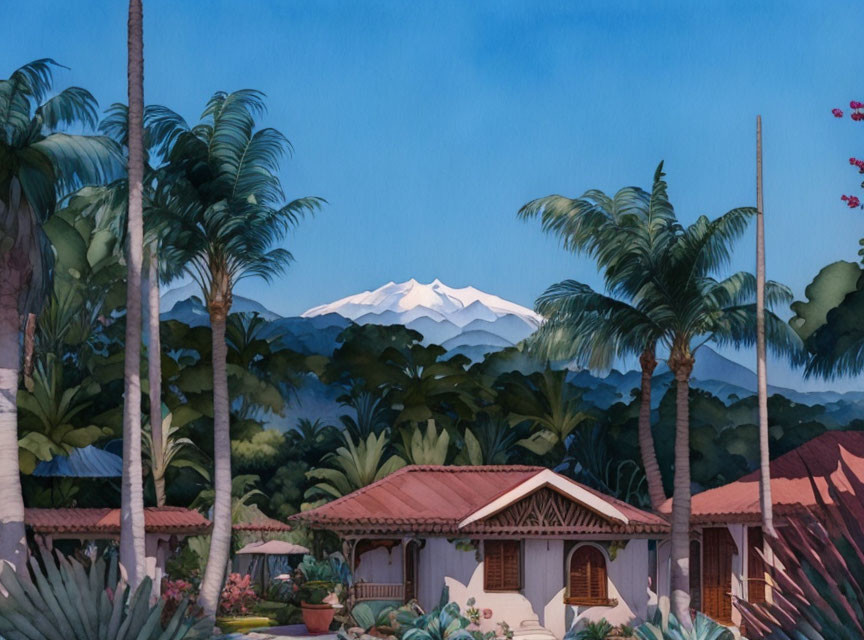 Tropical landscape: palm trees, red-roofed houses, snow-capped mountain