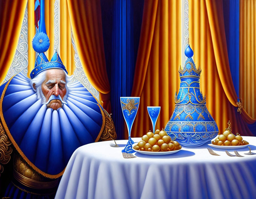 Surreal painting of an old king in blue robes at a banquet