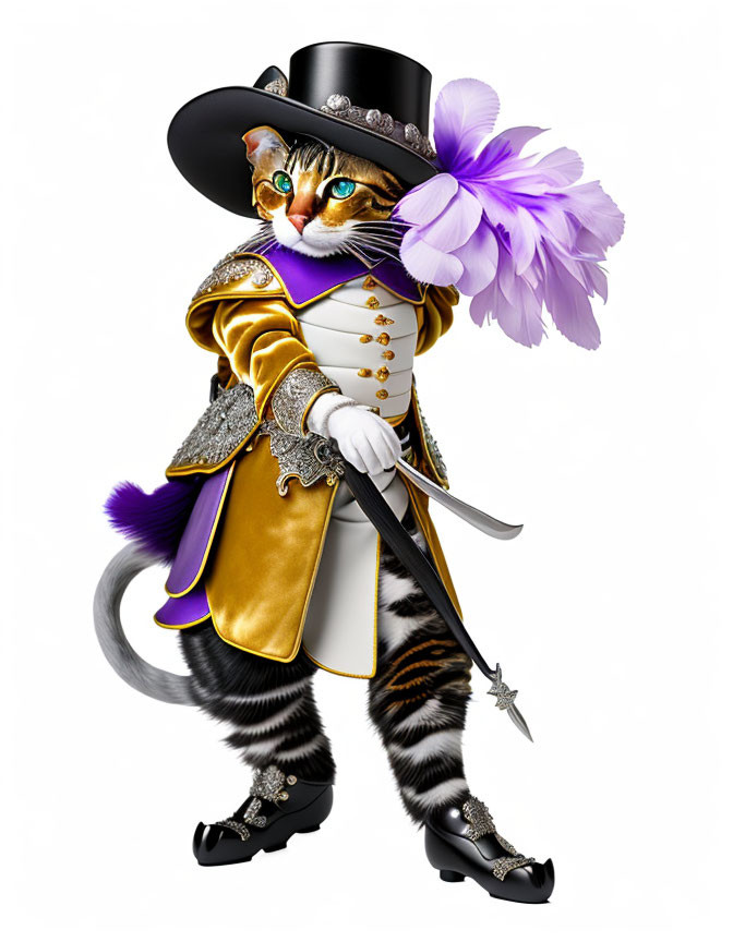 Stylized upright cat in musketeer outfit with sword & feather