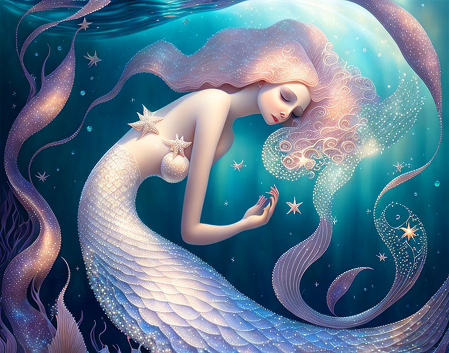 Mermaid illustration with sparkling scales and starfish in deep blue underwater scene