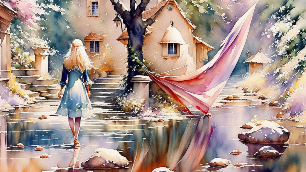 Girl in blue dress near river cottage, vibrant watercolor scene