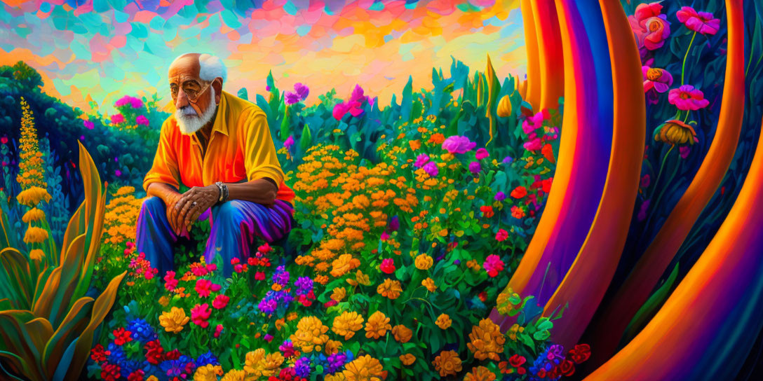 Elderly man in contemplative pose surrounded by vibrant, surreal landscape