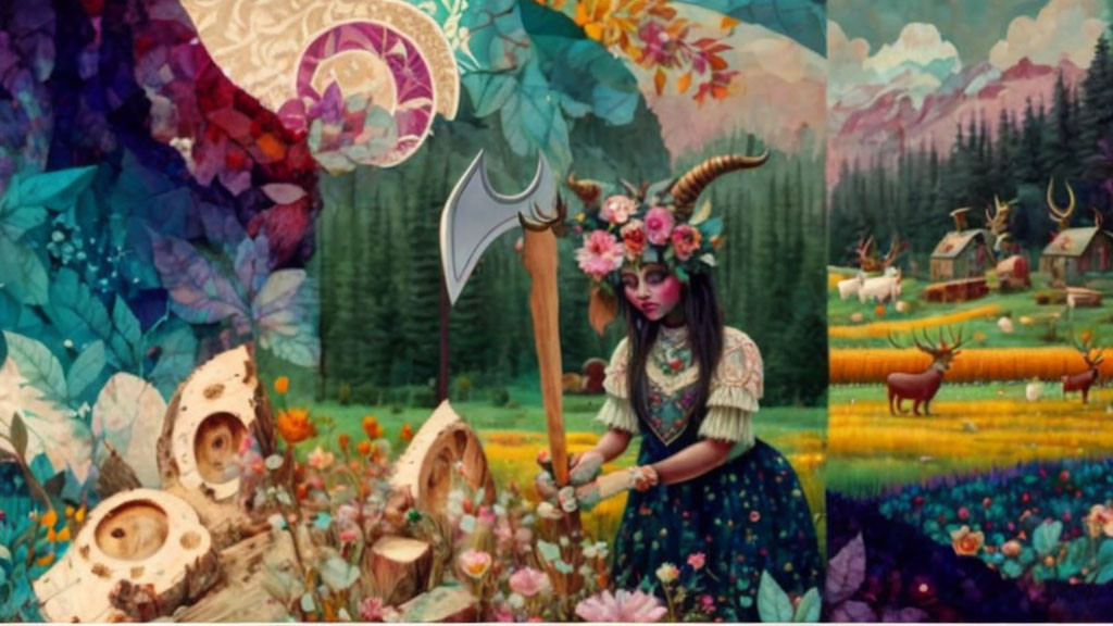 Girl in flower crown with axe in vibrant floral field among deer.