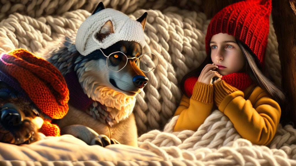 Girl and dog in hats and glasses cuddled under knitted blanket