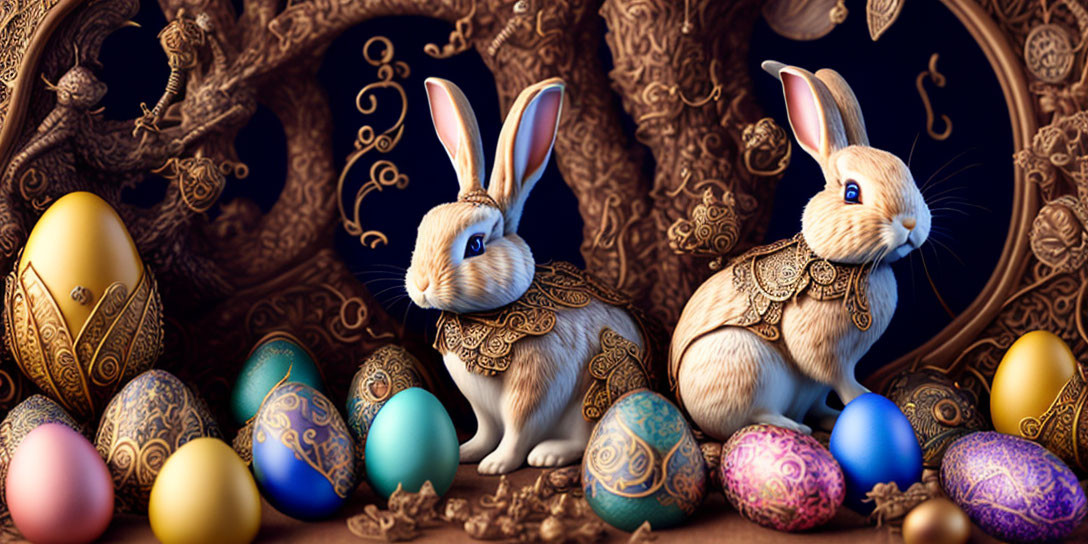 Ornate rabbits with decorative collars and colorful Easter eggs in baroque setting