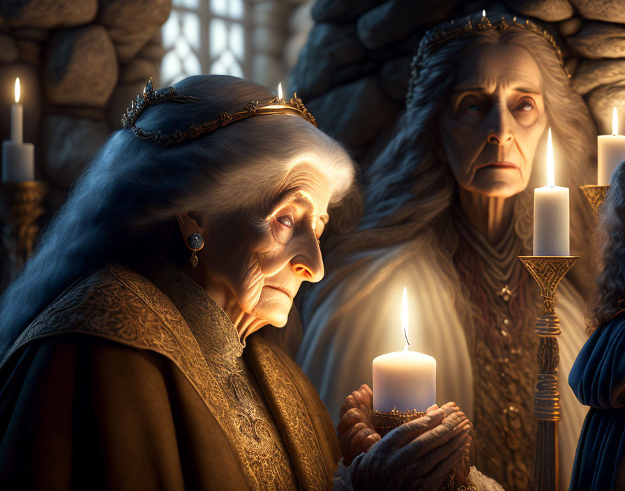 Elderly women with crowns in candlelit stone room reflecting solemnly