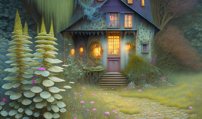 Cozy cottage in whimsical garden with glowing windows at twilight