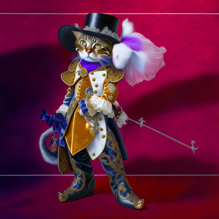 Cat in 18th-Century Costume with Blue & Gold Embroidery