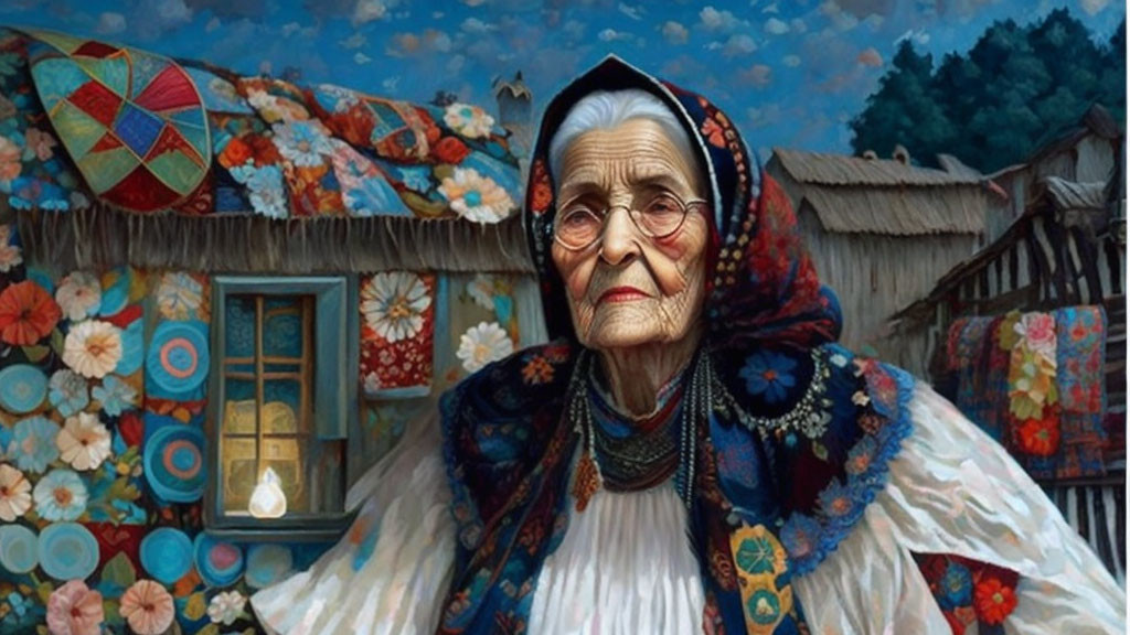 Elderly woman in traditional dress by cozy cottage