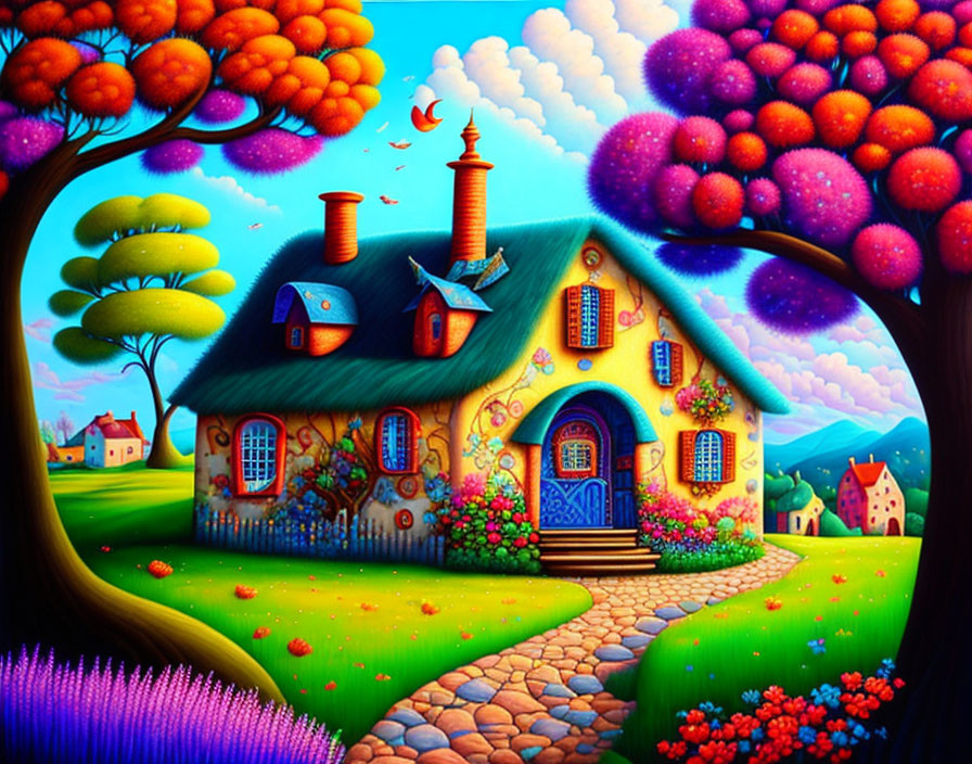 Colorful Cartoon-Style Whimsical Cottage Illustration