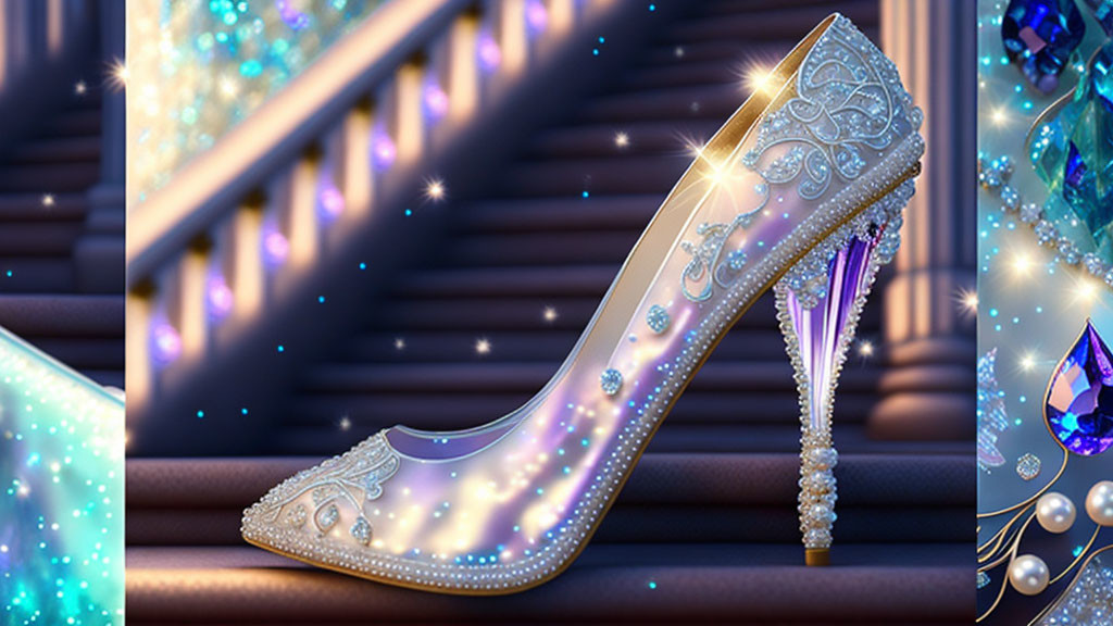 Sparkly jewel-accented high heel shoe on a magical stairway with glowing lights