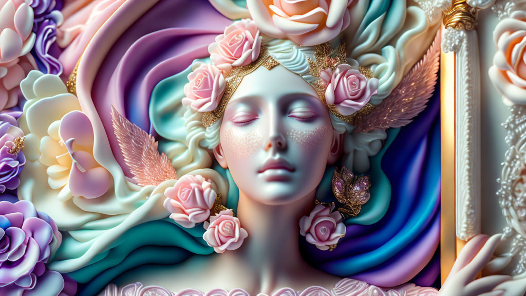 Colorful digital art: serene female figure with roses, pastel drapery, butterfly wings.