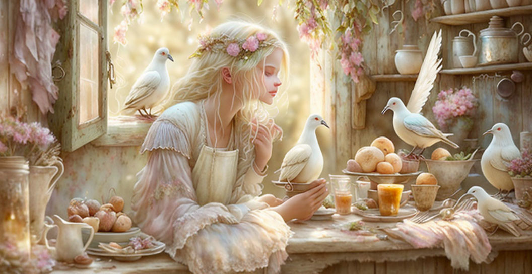 Serene woman with doves at rustic table with bread and candles