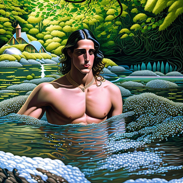 Person in mystical water scene with lush greenery and delicate necklace against fairytale backdrop