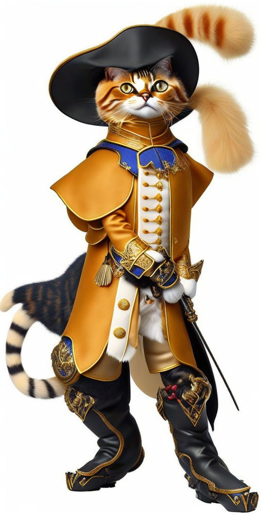 Anthropomorphic Cat in Golden Pirate Captain Outfit