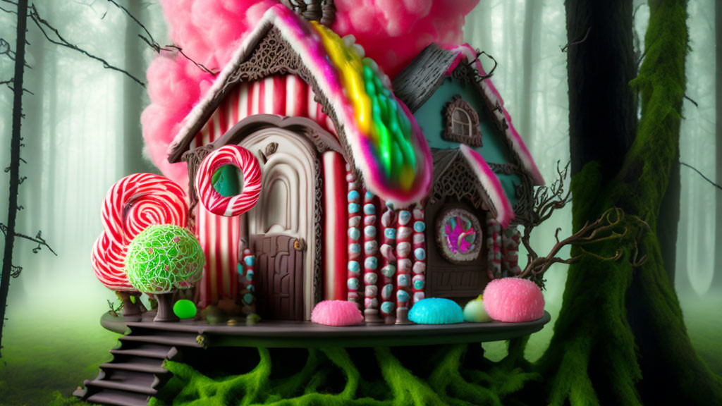 Candy-themed house in enchanted forest with lollipop trees