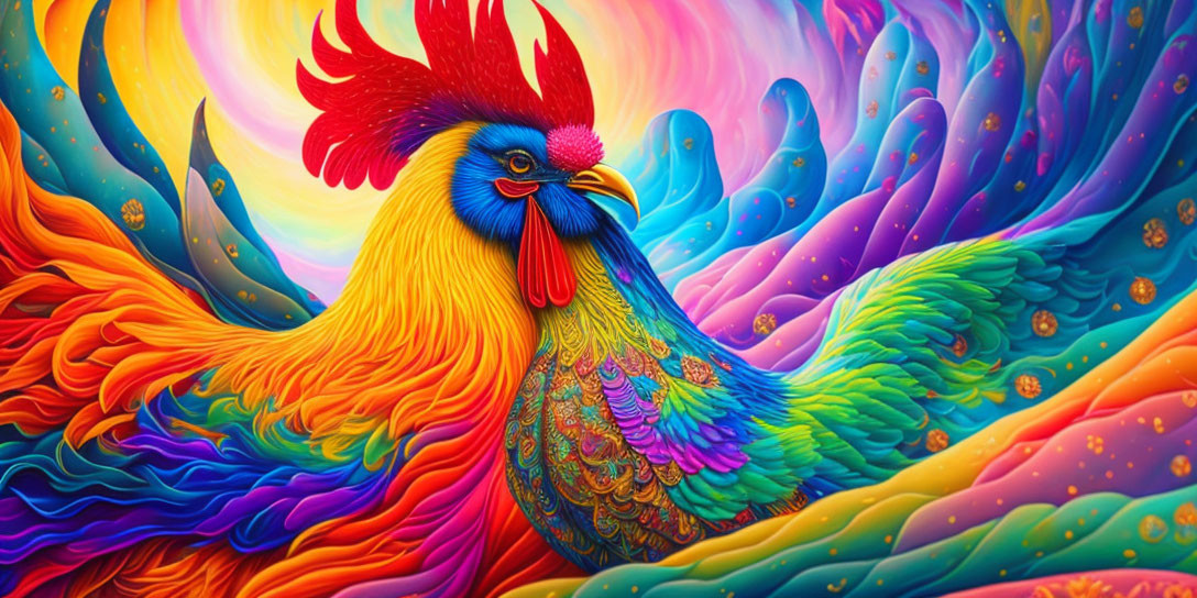 Colorful Rooster Illustration with Psychedelic Background