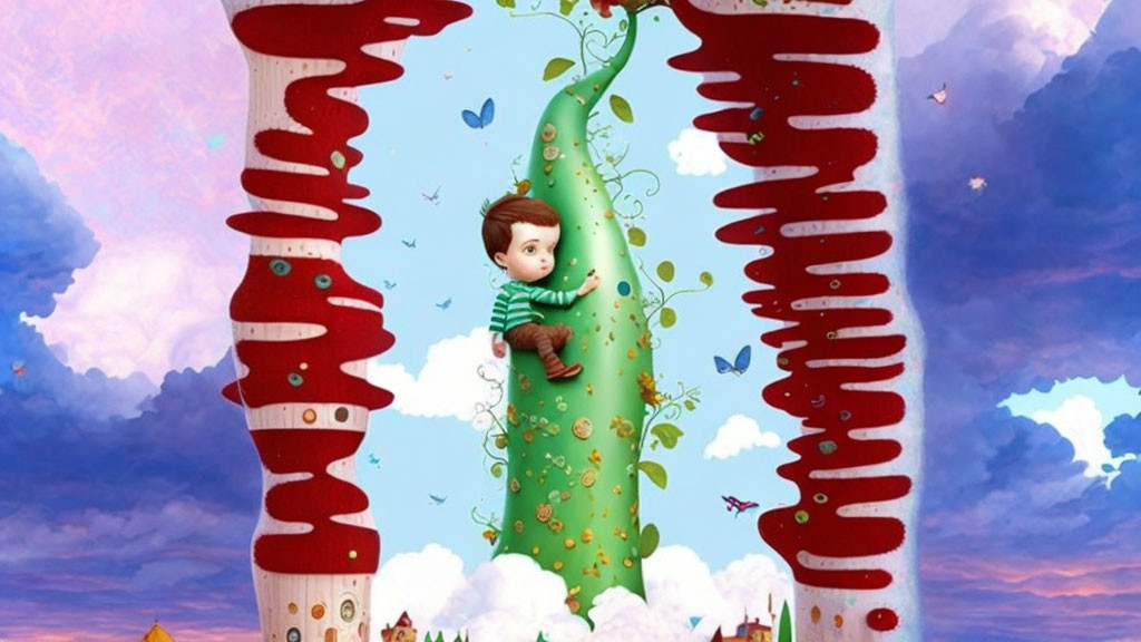 Whimsical boy on beanstalk with pencils in fantasy setting