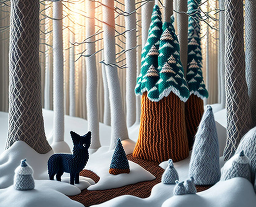 Knit-textured winter scene with black fox and snow