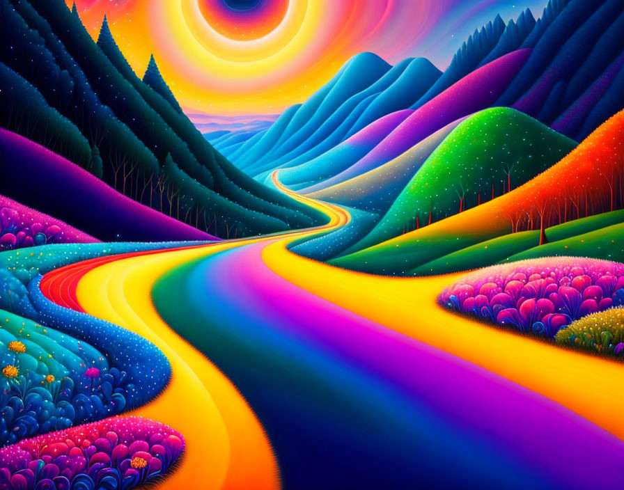 Colorful surreal landscape with winding road and swirling sunset sky