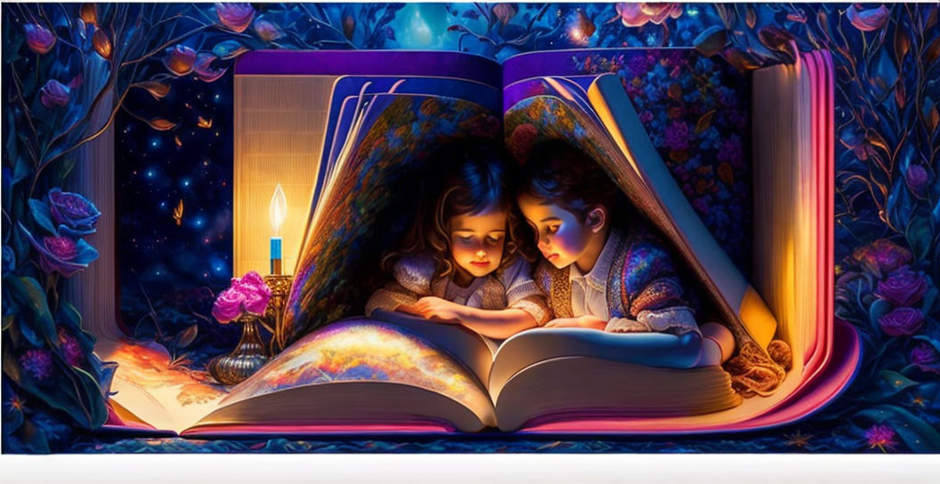 Children reading oversized magical book in candlelight amidst luminous floral night scene