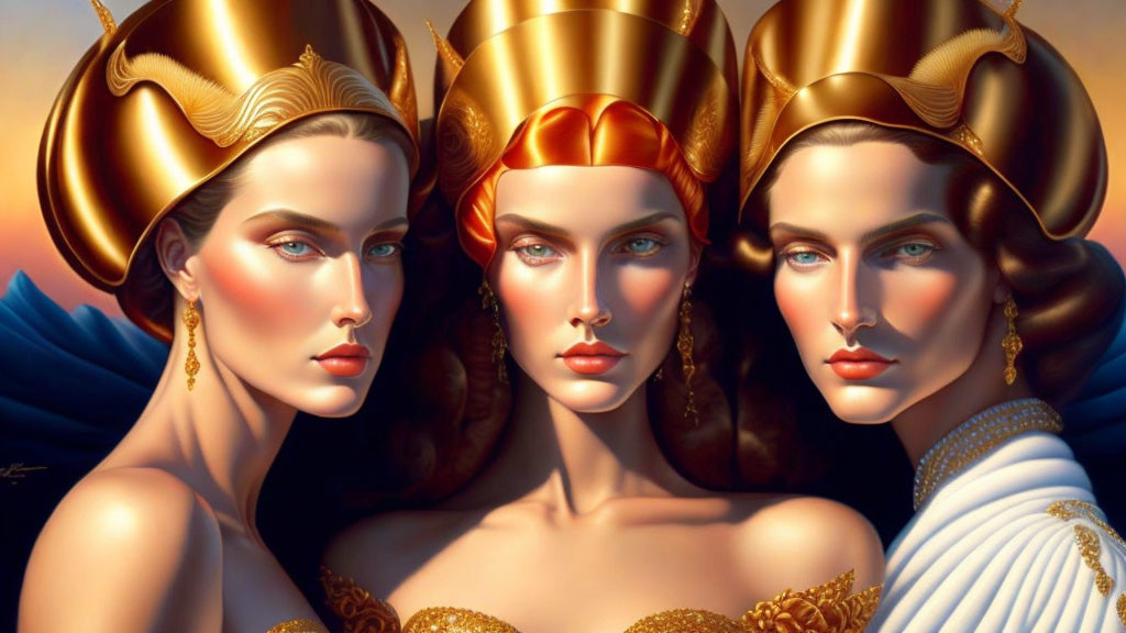 Regal women in golden headdresses and elegant attire