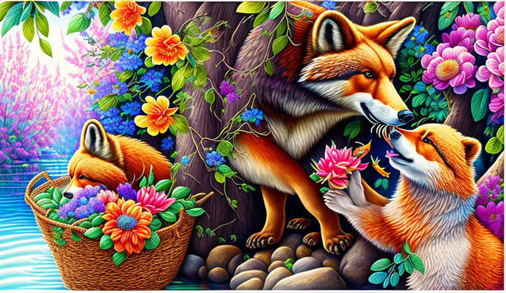 Colorful Foxes Among Flowers and Plants in Vibrant Artwork