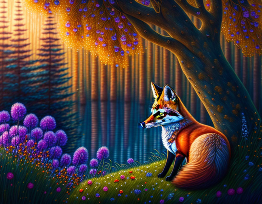 Mystical forest scene with vivid fox and colorful flora