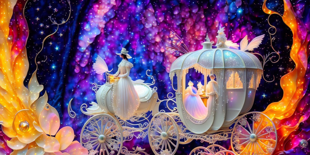 Illustrated fantasy scene with woman in vintage dress and ornate carriage amidst cosmic backdrop.