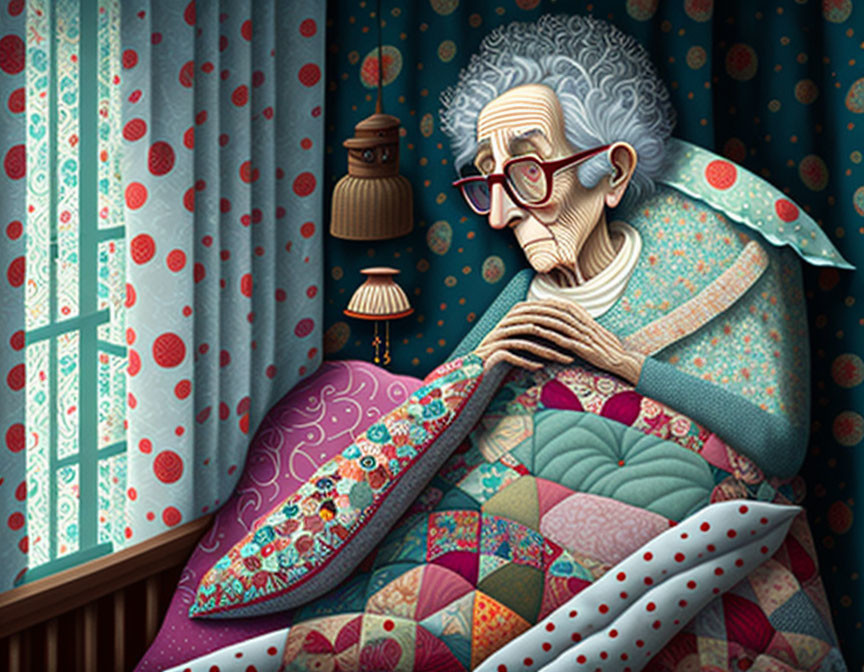 Elderly woman in glasses sitting in cozy room with colorful quilt